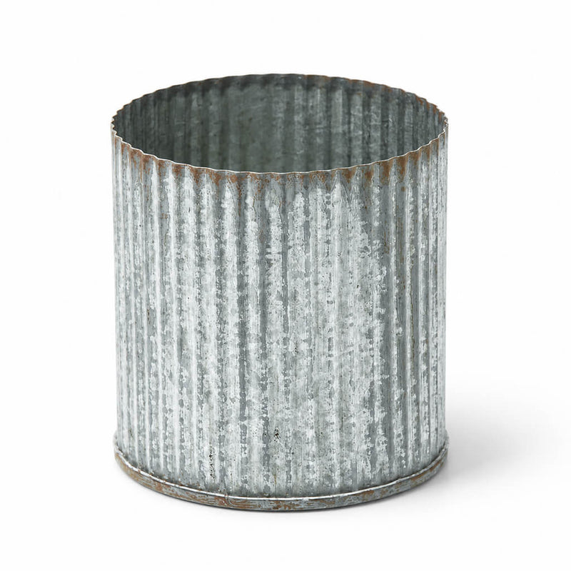 3"x3" corrugated zinc vase with a rustic, weathered metal finish on a white background - thumbnail number 1