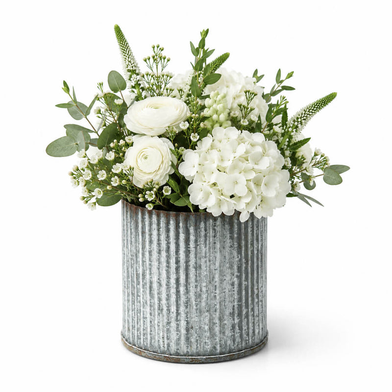 A bouquet of white flowers and greenery in a 3"x3" corrugated zinc vase on a white background - thumbnail number 2