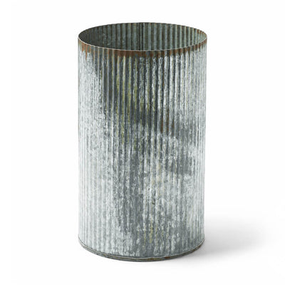 7" corrugated zinc vase with a rustic, weathered metal finish on a white background - thumbnail number 1