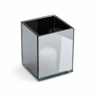 Square mirrored candle holder with white pillar candle inside, on white background - thumbnail number 2