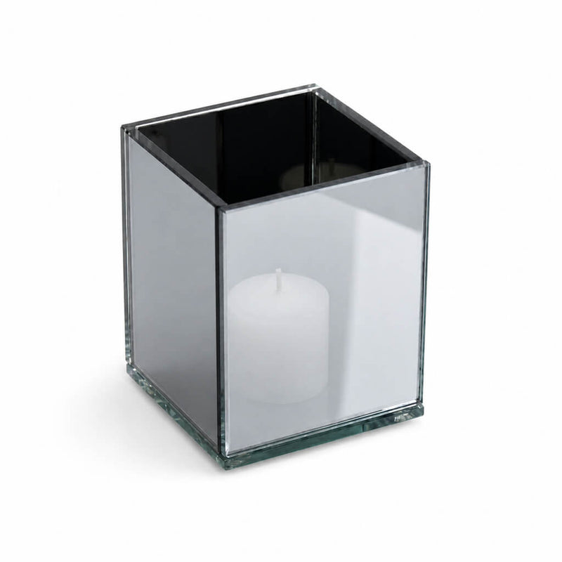 Square mirrored candle holder with white pillar candle inside, on white background - thumbnail number 2