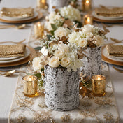4.75x6" Whitewashed Birch Bark Vase filled with white roses on an elegant dining table - thumbnail number 5