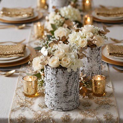 4.75x6" Whitewashed Birch Bark Vase filled with white roses on an elegant dining table - thumbnail number 5