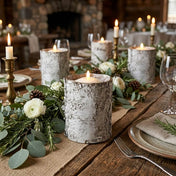 4.75x6" Whitewashed Birch Bark Vase holding a lit LED candle on a rustic dining table - thumbnail number 7