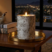 4.75x6" Whitewashed Birch Bark Vase holding an LED pillar candle on a gold tray - thumbnail number 9