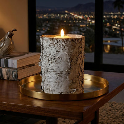 4.75x6" Whitewashed Birch Bark Vase holding an LED pillar candle on a gold tray - thumbnail number 9