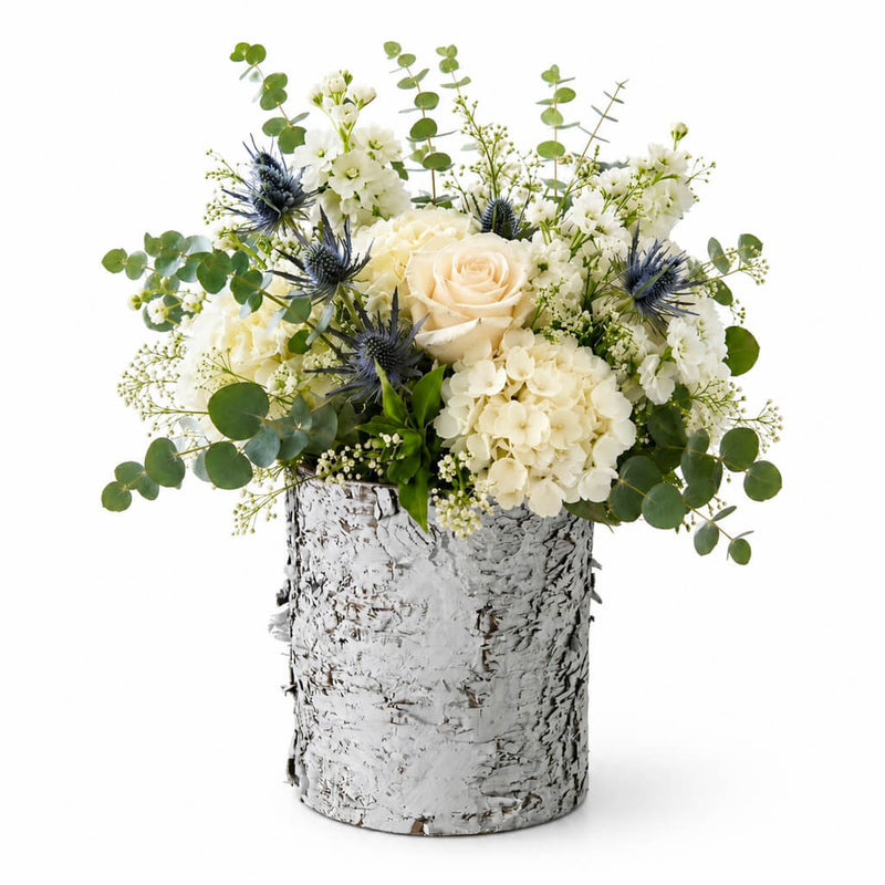 4.75x6" Whitewashed Birch Bark Vase filled with a bouquet of white roses and blue thistles - thumbnail number 4