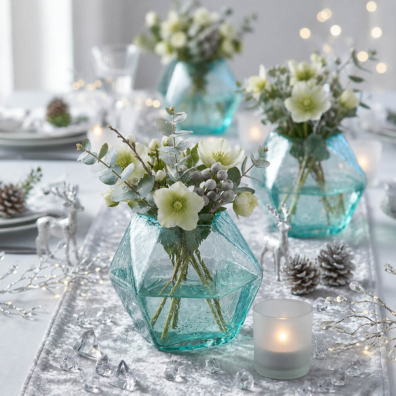6.5" geo glass bud vases with winter floral decor, silver deer, and pinecones on a table - thumbnail number 3