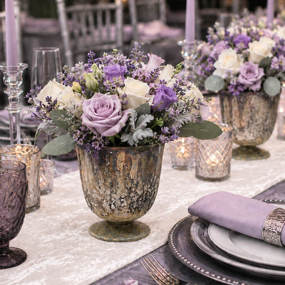 Marbled 4.75" x 5" vases with purple floral arrangements on a formal table - thumbnail number 5