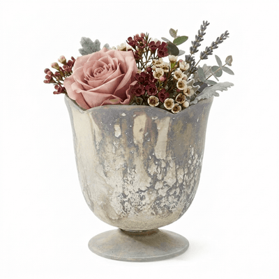 Marbled 4.75" x 5" vase filled with a soft pink rose and assorted floral stems - thumbnail number 2
