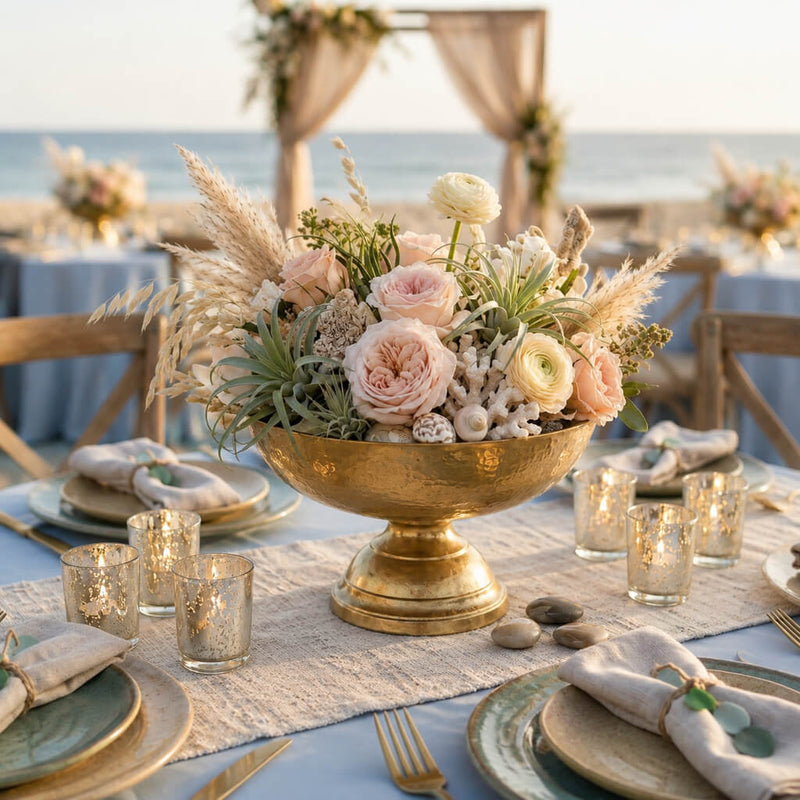 Oscar Pedestal Bowl Gold with floral centerpiece in coastal tablescape - thumbnail number 2