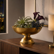 Oscar Pedestal Bowl Gold styled with dark floral and greenery on wooden table - thumbnail number 5