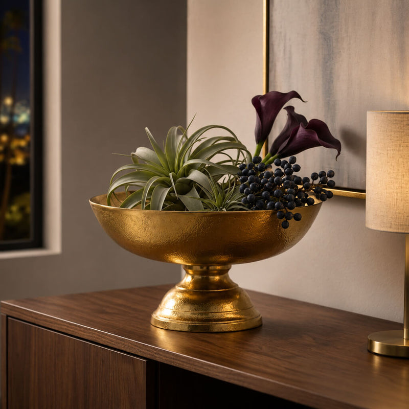 Oscar Pedestal Bowl Gold styled with dark floral and greenery on wooden table - thumbnail number 5