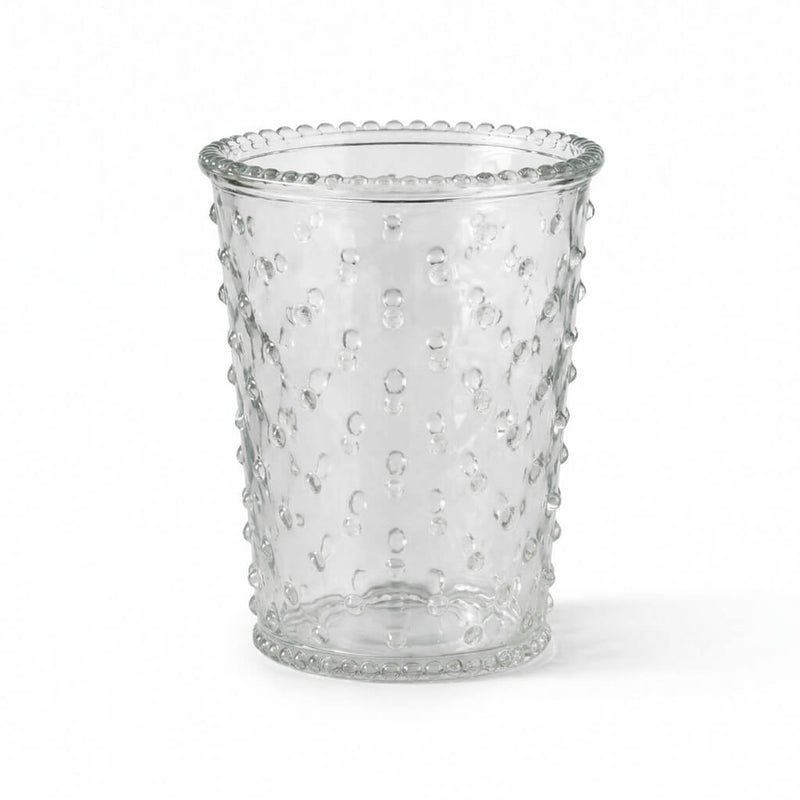 Clear glass Hobnail Candle Holder with a beaded textured surface against a white studio backdrop - thumbnail number 1