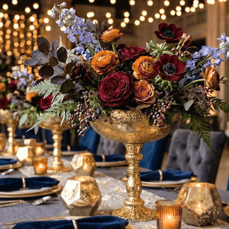Gold Desiray Glass Compote with a moody autumn floral centerpiece on a navy tablescape - thumbnail number 7