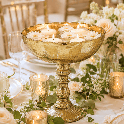 Gold Desiray Glass Compote with floating candles and white daisies - thumbnail number 8