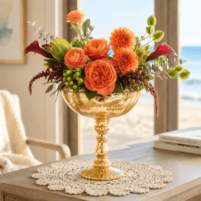 Gold Desiray Glass Compote with orange floral arrangement on a coastal tablescape - thumbnail number 9