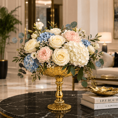 Gold Desiray Glass Compote with blue hydrangeas and pastel roses on a black marble table - thumbnail number 10