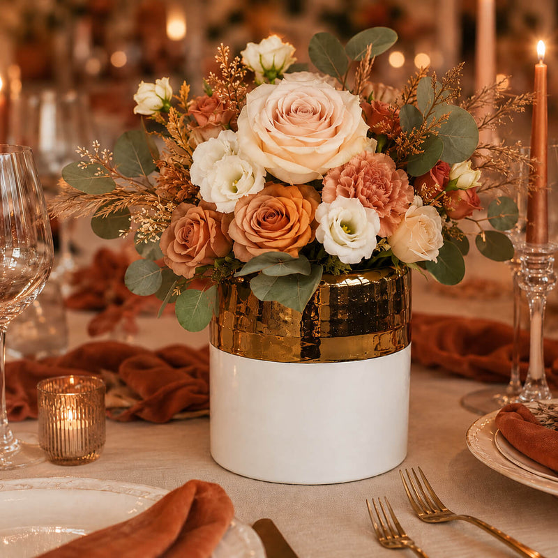7.5" x 6.25" white and gold ceramic Claire pot filled with peach roses and autumn floral decor - thumbnail number 3