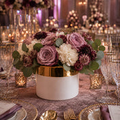 7.5" x 6.25" white and gold ceramic Claire pot filled with mauve roses and white hydrangeas on a table - thumbnail number 4