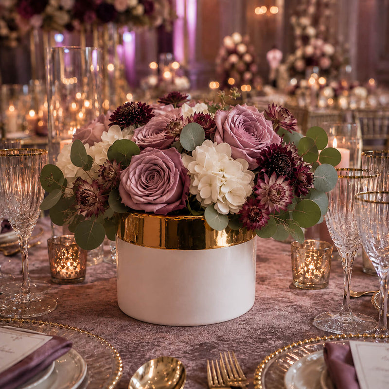 7.5" x 6.25" white and gold ceramic Claire pot filled with mauve roses and white hydrangeas on a table - thumbnail number 4