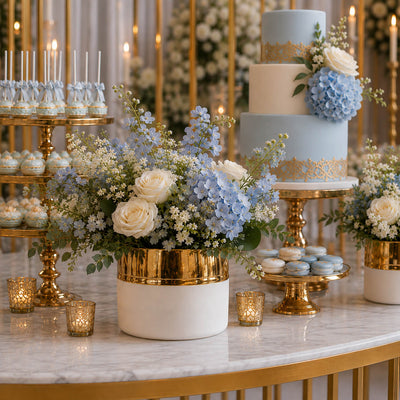 7.5" x 6.25" white and gold ceramic Claire vase with blue and white flowers on a dessert table - thumbnail number 6