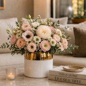 7.5" x 6.25" white and gold ceramic Claire pot holding a lush bouquet of pink and white flowers - thumbnail number 9