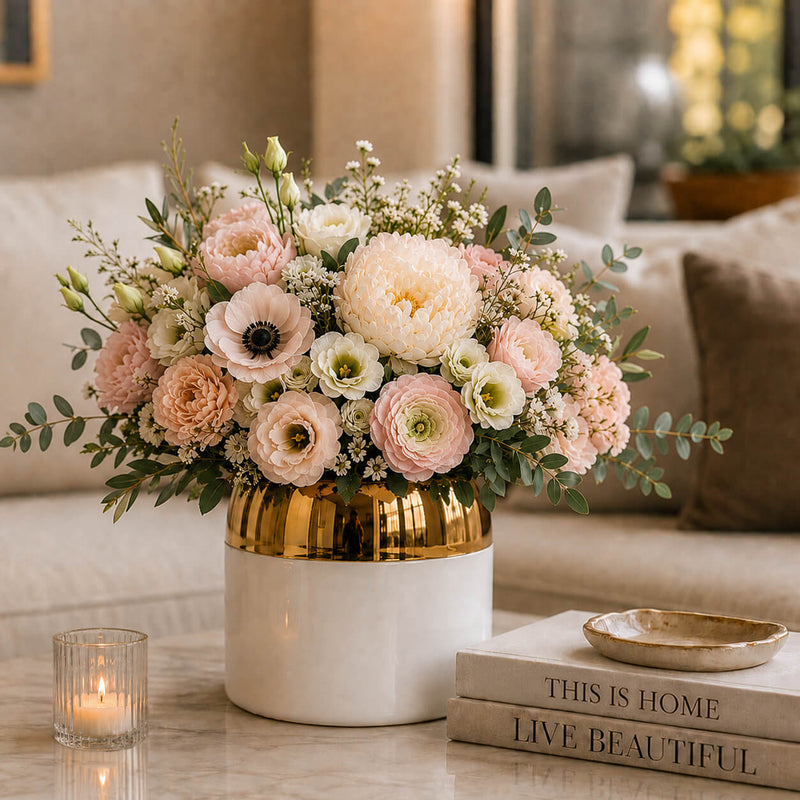 7.5" x 6.25" white and gold ceramic Claire pot holding a lush bouquet of pink and white flowers - thumbnail number 9