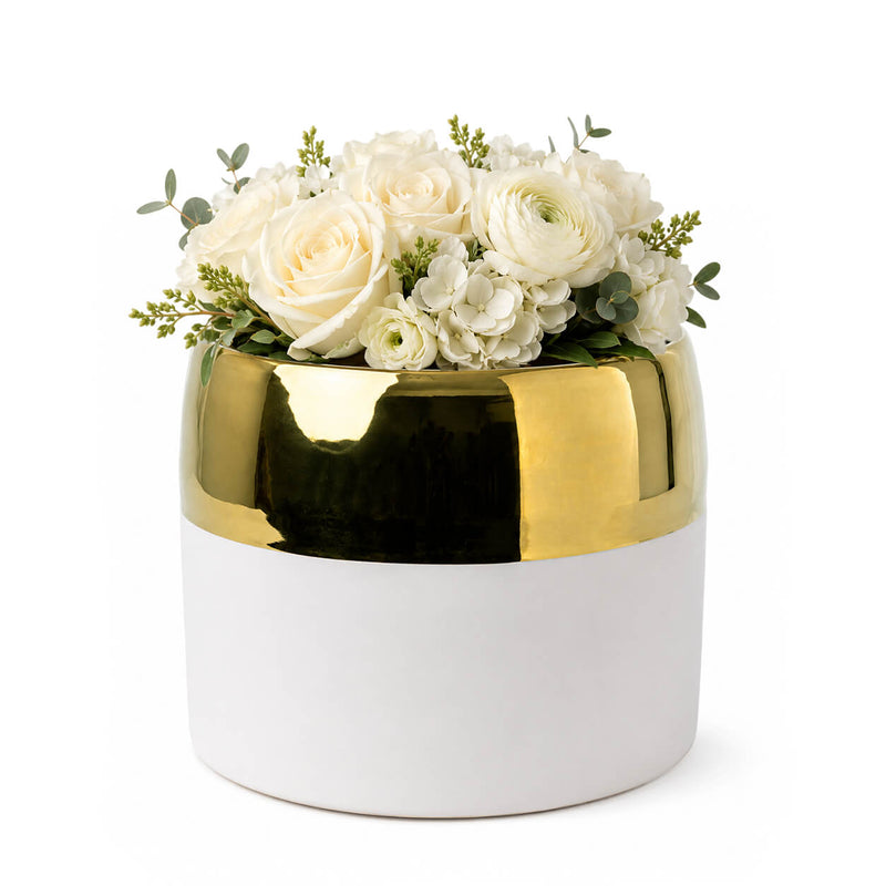 7.5" x 6.25" white and gold ceramic Claire pot filled with an arrangement of white roses - thumbnail number 2