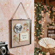 Hanging metal double glass frame holding romance-themed photos and petals - thumbnail number 2