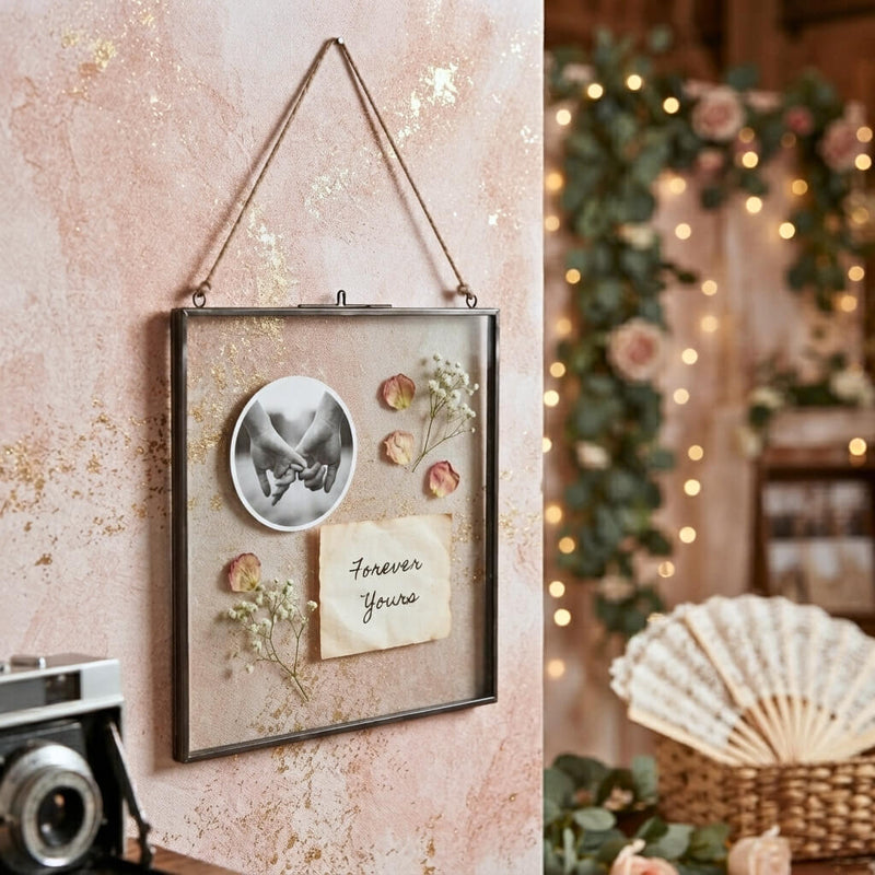 Hanging metal double glass frame holding romance-themed photos and petals - thumbnail number 2