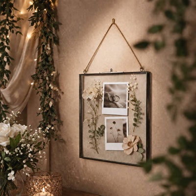 Hanging metal double glass frame displaying wedding photos and dried flowers - thumbnail number 4