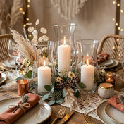 Three lit pillar candles in hurricane vases on a boho tablescape with pampas grass - thumbnail number 5