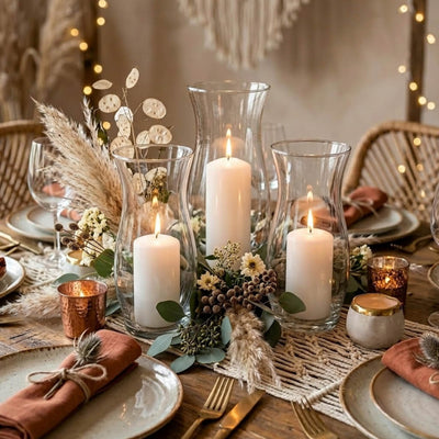 Three lit pillar candles in hurricane vases on a boho tablescape with pampas grass - thumbnail number 5