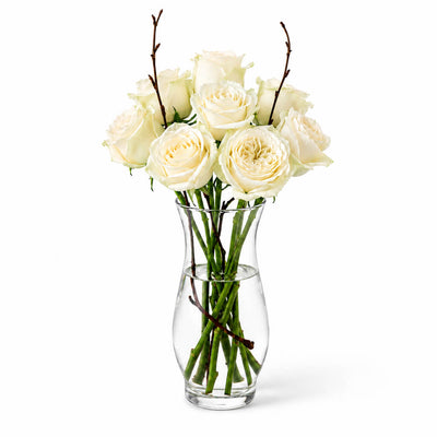 White roses and willow branches in a 6.5" hana vase on a white background - thumbnail number 4