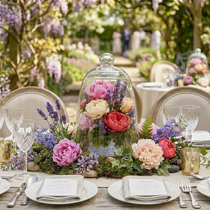 11.5" glass bell jar with garden flowers on a table in a garden - thumbnail number 3
