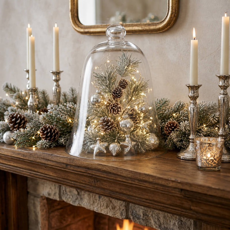 11.5" glass bell jar with holiday decor on a fireplace mantel - thumbnail number 5