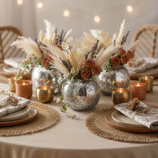 Boho floral arrangements in a Mercury Glass Silver Ivy Bowl on a decorated table - thumbnail number 5