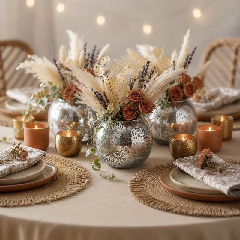 Boho floral arrangements in a Mercury Glass Silver Ivy Bowl on a decorated table - thumbnail number 5