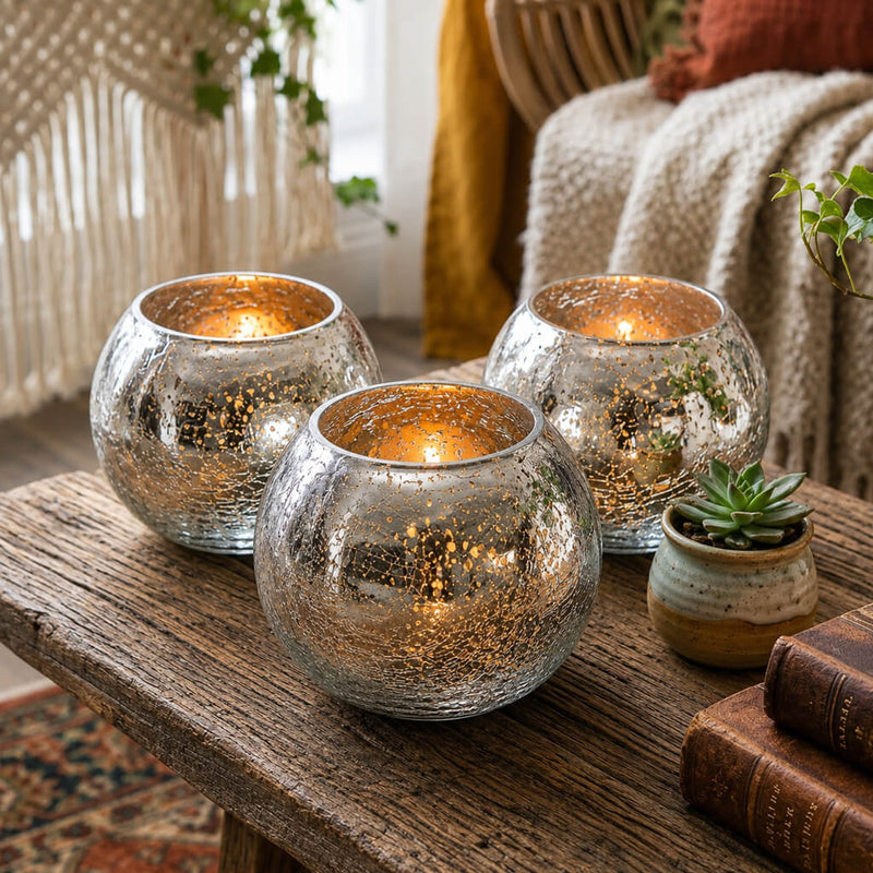 Three lit candles in Mercury Glass Silver Ivy Bowl candle holders on a rustic table - thumbnail number 7