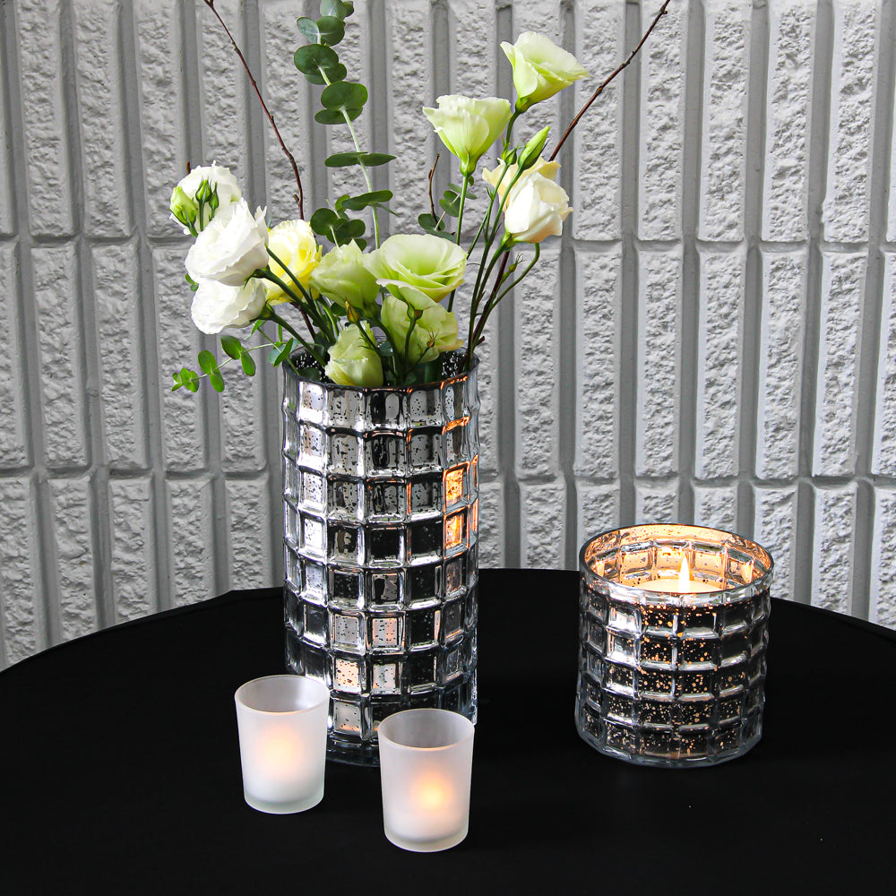 Silver Mercury Mosaic Cylinder 10" - Vase & Candle Holder
