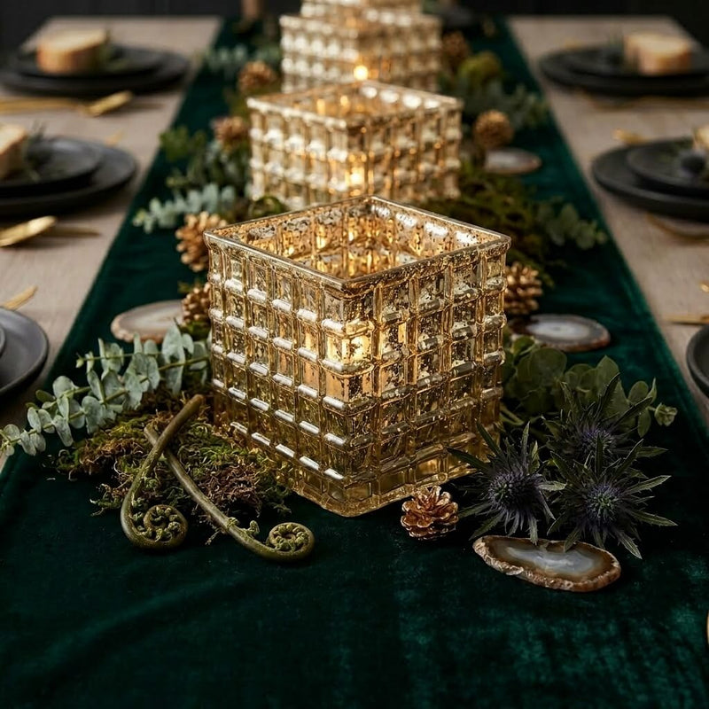 Gold Mercury Mosaic Glass Cube 6" - Square Vase & Candle Holder - thumbnail number 4
