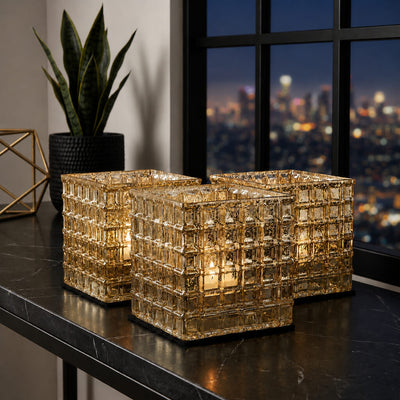 Gold Mercury Mosaic Glass Cube 6" - Square Vase & Candle Holder - thumbnail number 6