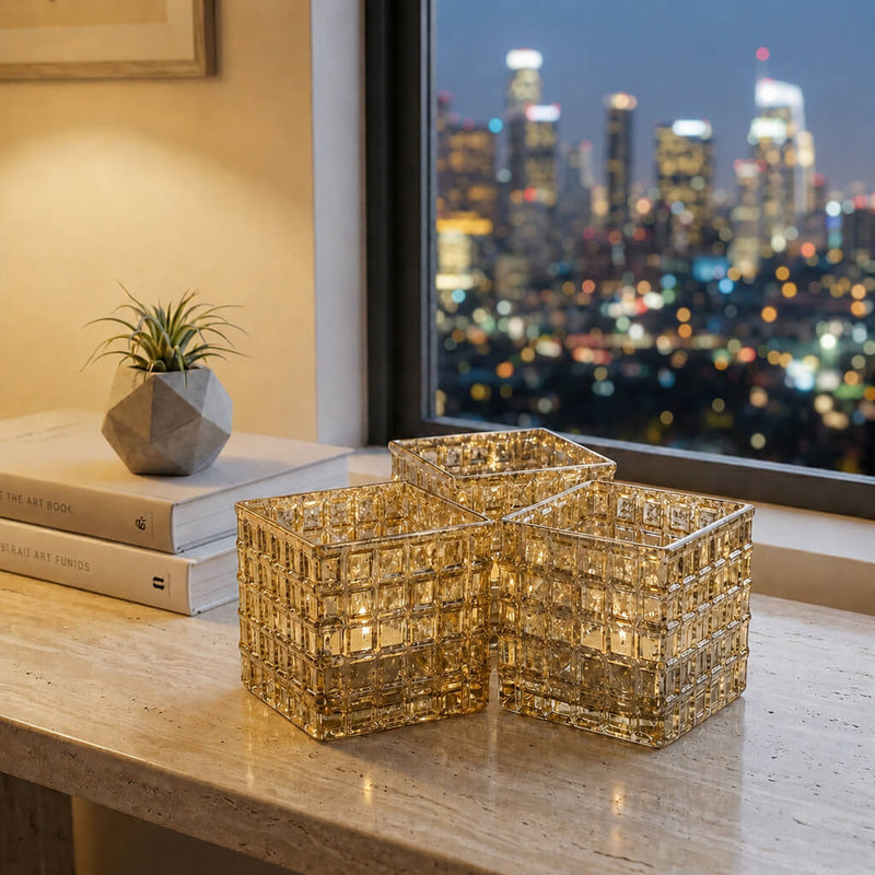 Gold Mercury Mosaic Glass Cube 6" - Square Vase & Candle Holder - thumbnail number 7