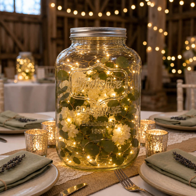 Two Gallon Yorkshire Glassware Mason Jar used as a decorative centerpiece with lights and greenery - thumbnail number 5