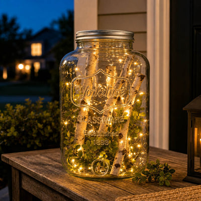 Two Gallon Yorkshire Glassware Mason Jar used as a decorative lamp filled with fairy lights - thumbnail number 8