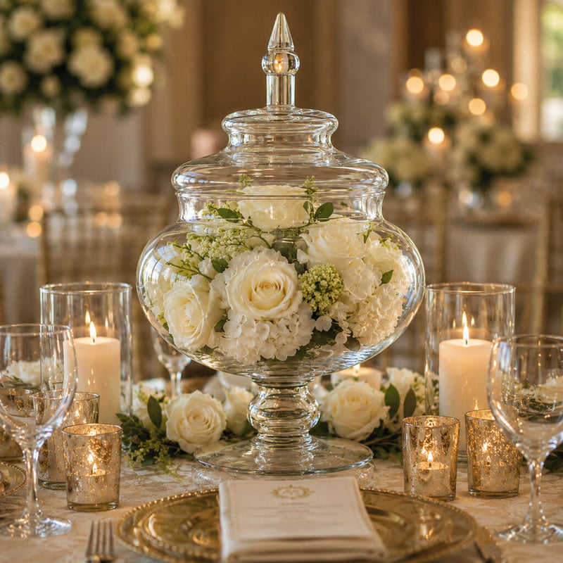 14" Glass Apothecary Jar filled with white flowers as a table centerpiece - thumbnail number 2