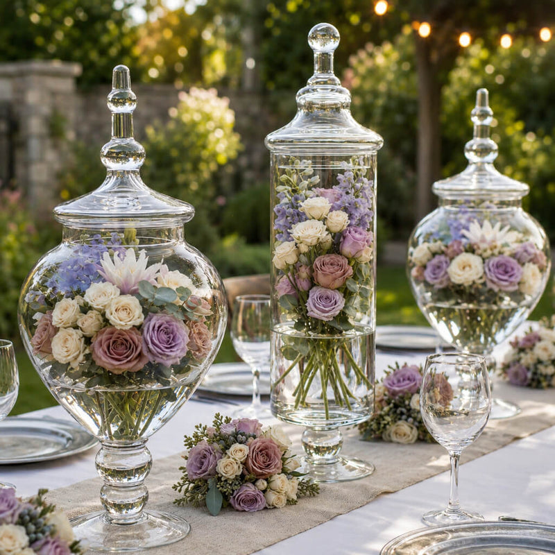 Apothecary jars filled with bouquets on outdoor event table - thumbnail number 2