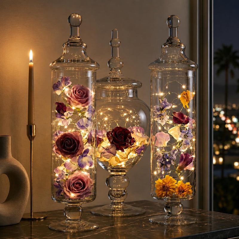 Apothecary jars filled with flowers and fairy lights - thumbnail number 5