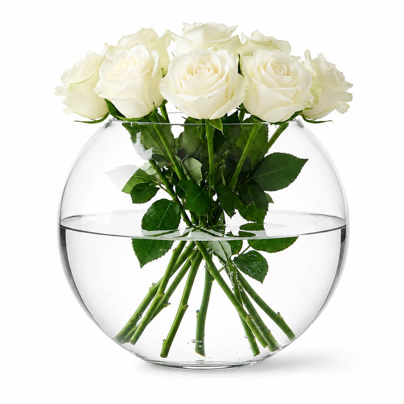 10" Round Glass Vase filled with white roses - thumbnail number 2